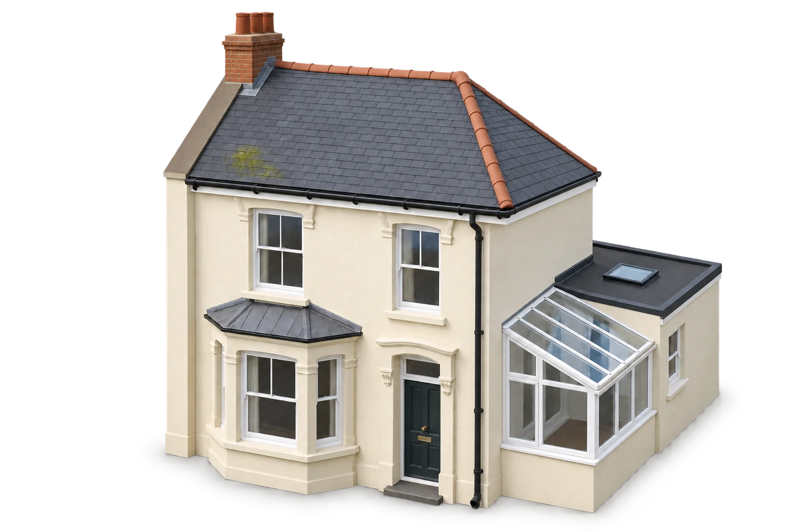 Illustration of a Brighton bay-fronted house showing the roof, chimney, flat roof, conservatory and gutters