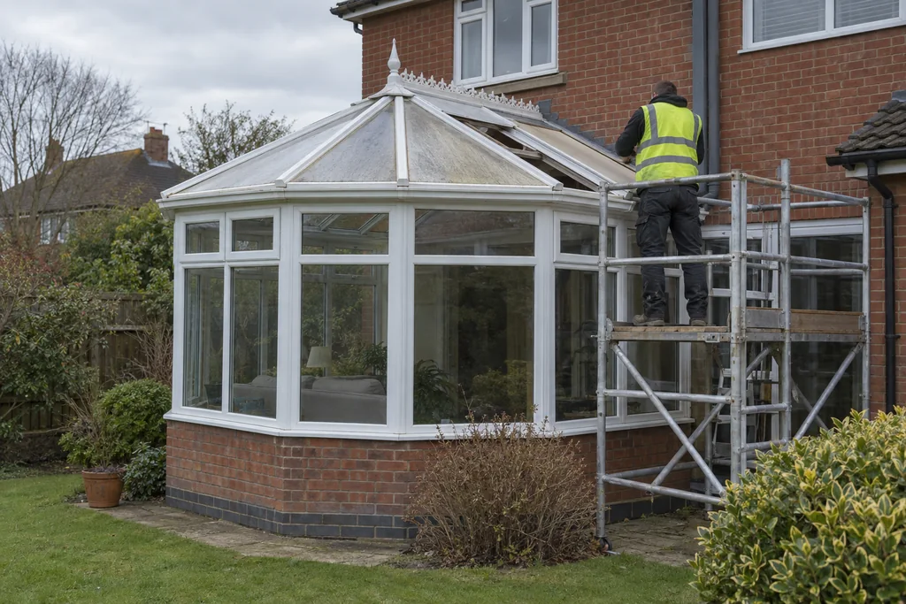 Roofer viewed from behind replacing a white conservatory's polycarbonate roof beside a brick house