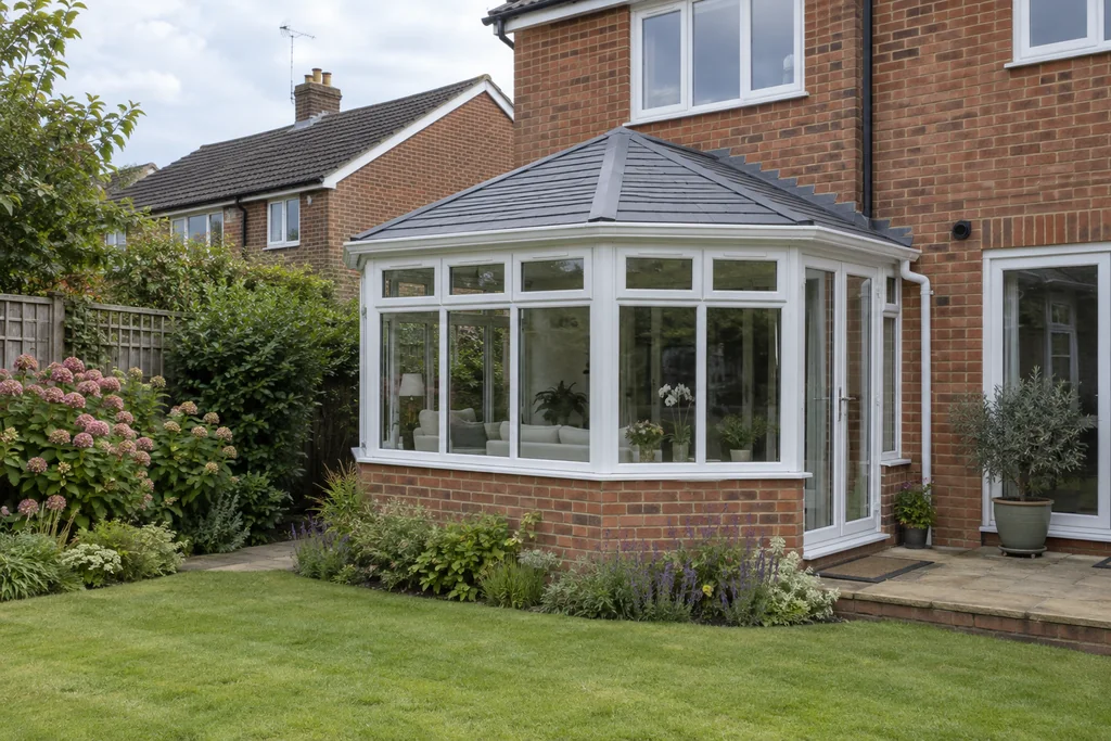 White conservatory with a finished grey slate-effect tiled roof and white fascia in a garden