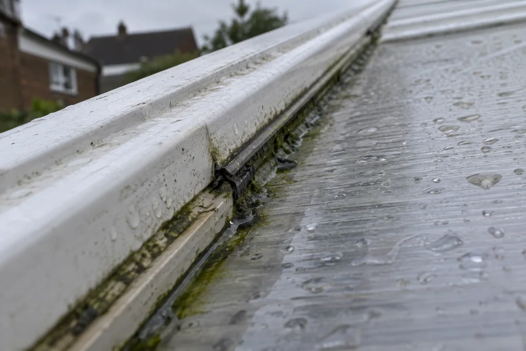 Algae and water droplets around a damaged conservatory roof glazing-bar seal