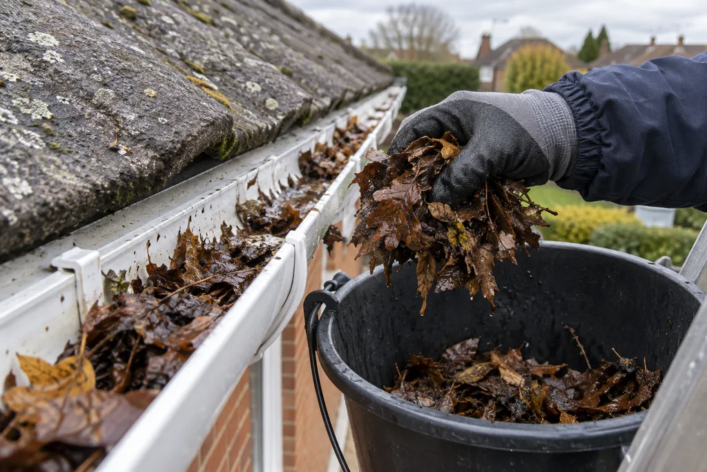 Gloved hand lifting wet leaves from a white gutter into a black bucket