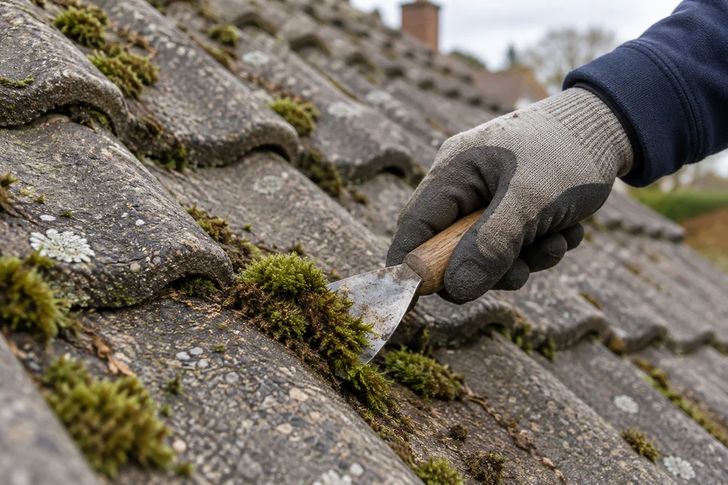 Gloved hand scraping moss from concrete roof tiles with a hand scraper