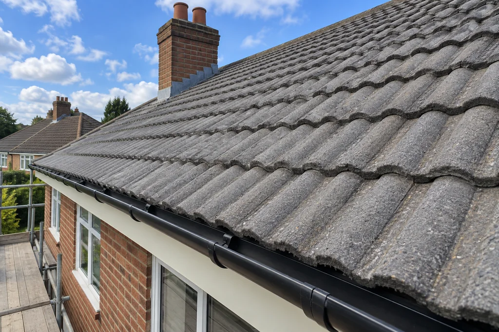 Clean grey concrete roof tiles above an empty black gutter under a partly cloudy blue sky